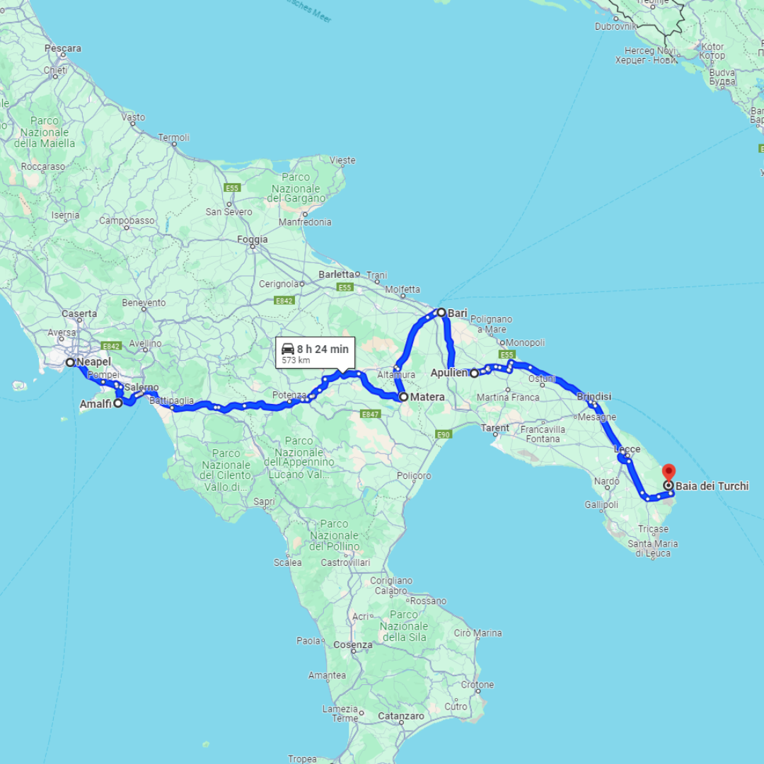 Ausschnitt einer Google Maps Karte, die die Campingroute durch Süditalien zeigt.